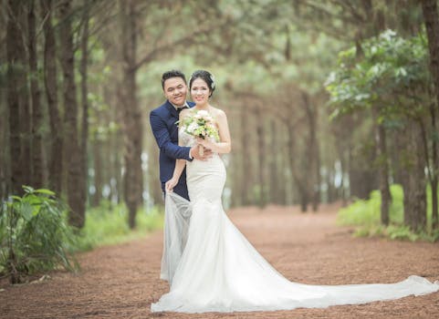 Romantic wedding couple posing in forest, capturing love and happiness.