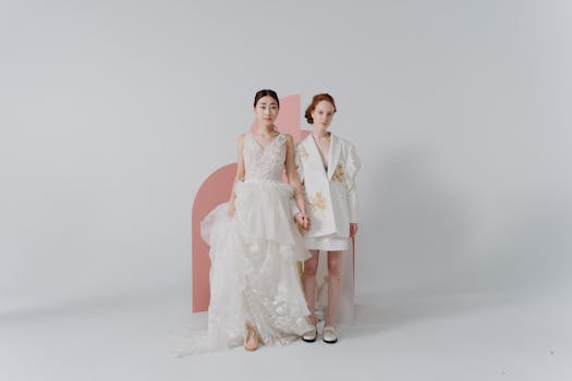 Two stylish women in bridal and fashionable attire pose together in a studio setting.